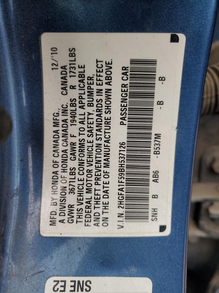 2011 Honda Civic VIN 2HGFA1F59BH537126 Copart auction photo, front end damage thumbnail 12