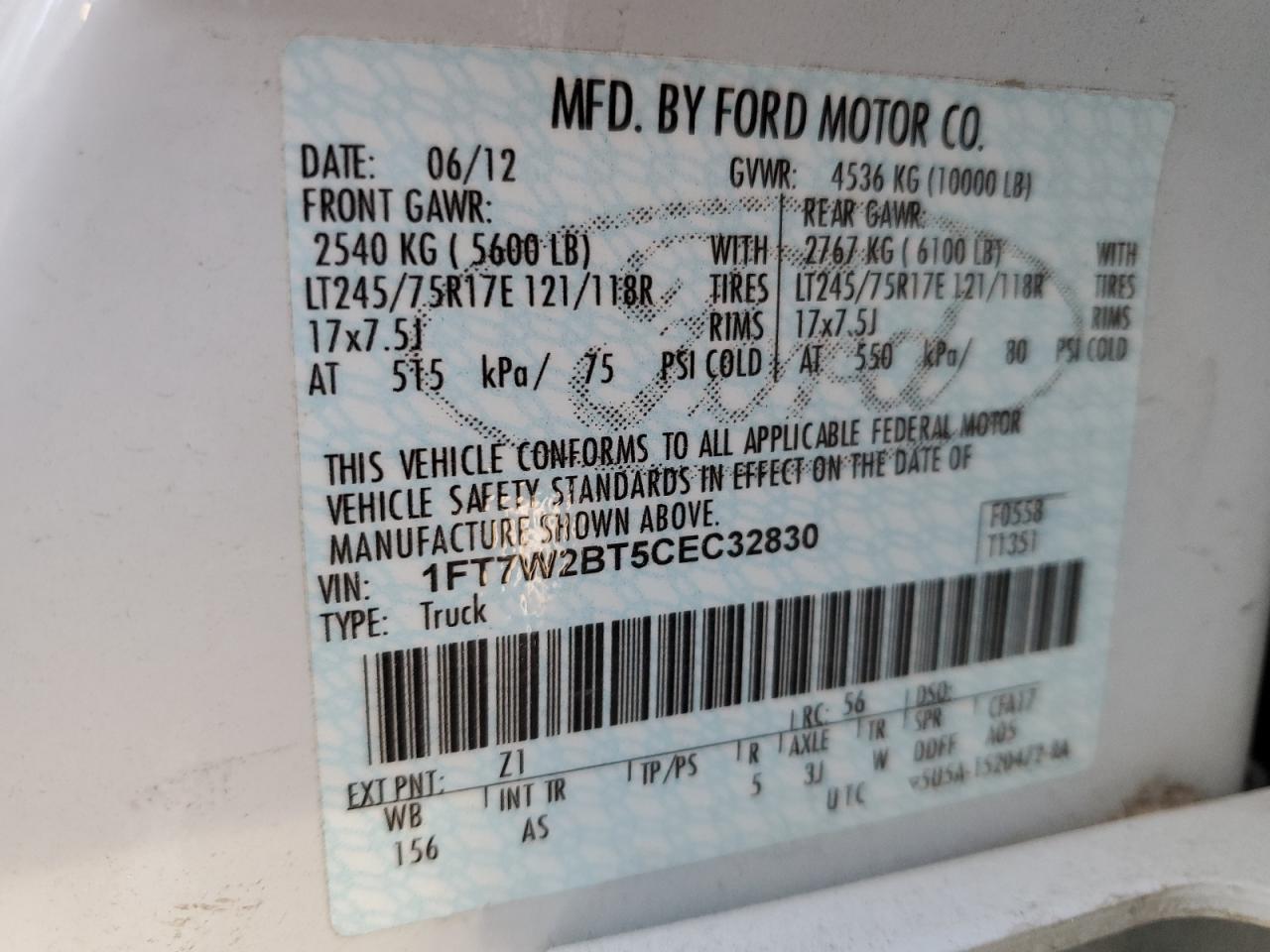 2012 Ford F250 VIN 1FT7W2BT5CEC32830 Copart auction photo, front end damage thumbnail 15