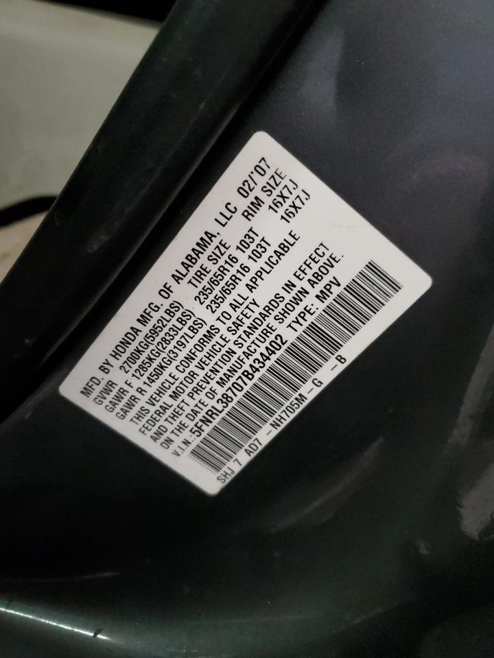 2007 Honda Odyssey VIN 5FNRL38707B434402 Copart auction photo, rear end / side damage thumbnail 13