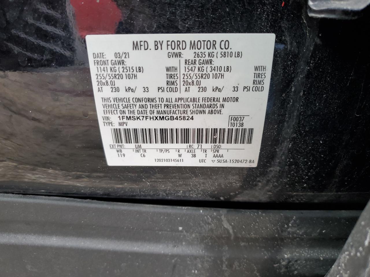 2021 Ford Explorer VIN 1FMSK7FHXMGB45824 Copart auction photo, all over damage thumbnail 15