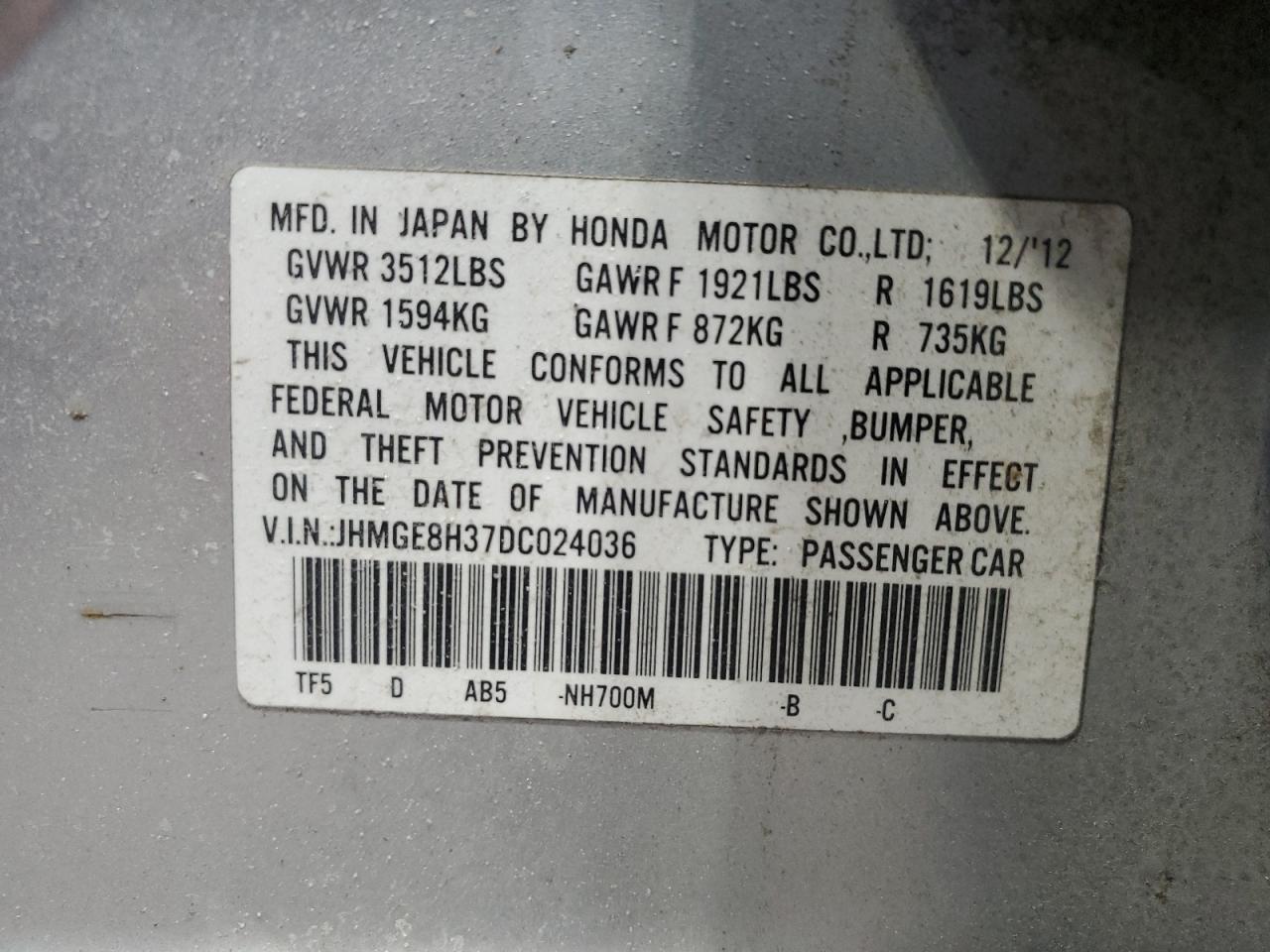2013 Honda Fit VIN JHMGE8H37DC024036 Copart auction photo, top/roof / side damage thumbnail 12