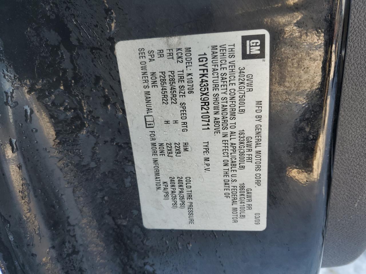 2009 Cadillac Escalade VIN 1GYFK435X9R210711 Copart auction photo, front end damage thumbnail 14