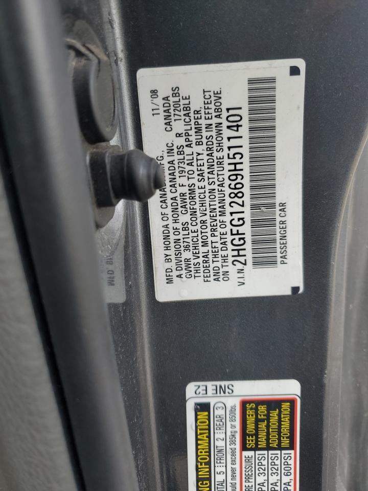 2009 Honda Civic VIN 2HGFG12869H511401 Copart auction photo, rear end damage thumbnail 12