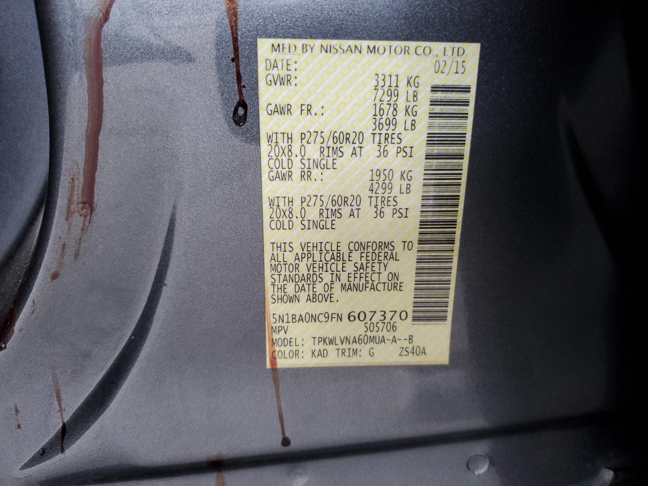 2015 Nissan Armada VIN 5N1BA0NC9FN607370 Copart auction photo, front end / minor dent/scratches damage thumbnail 14