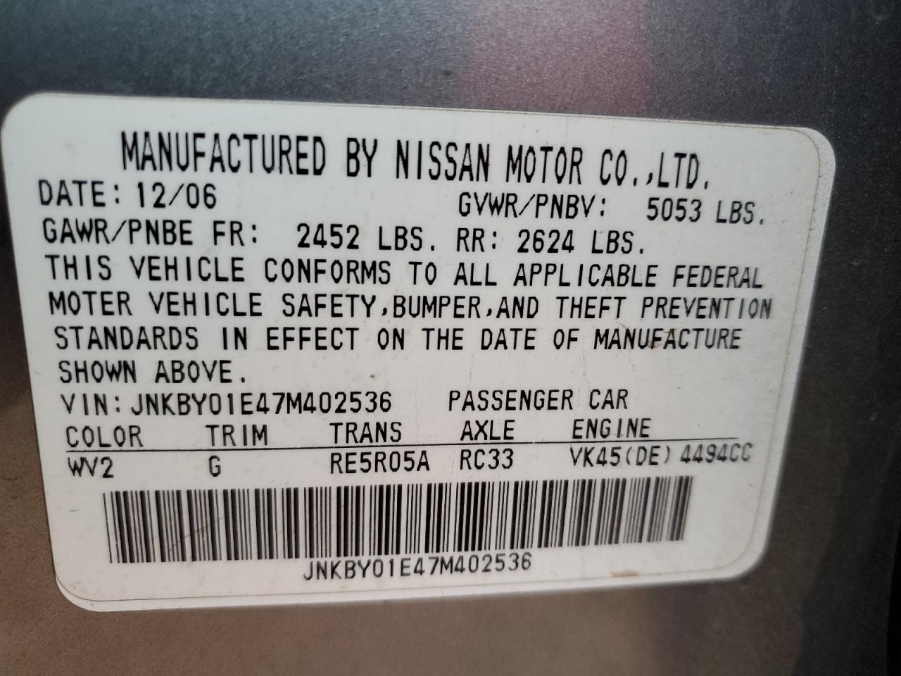 2007 Infiniti M VIN JNKBY01E47M402536 Copart auction photo, front end / minor dent/scratches damage thumbnail 12