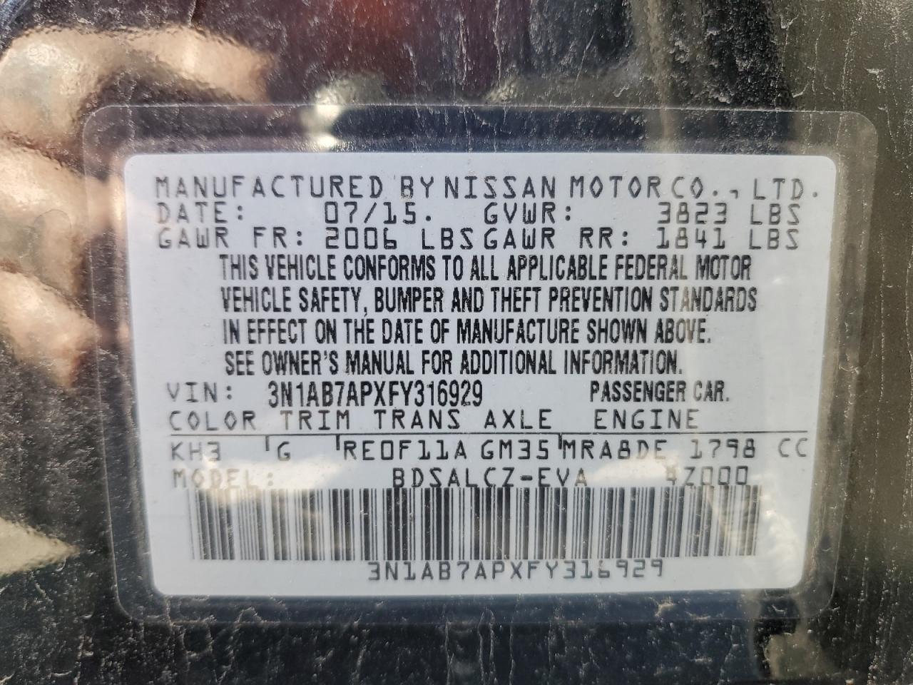 2015 Nissan Sentra VIN 3N1AB7APXFY316929 Copart auction photo, rear end damage thumbnail 12