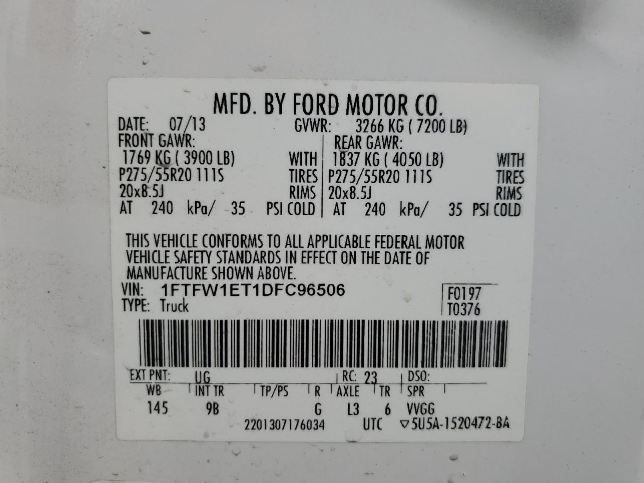 2013 Ford F-150 VIN 1FTFW1ET1DFC96506 Copart auction photo, front end damage thumbnail 15