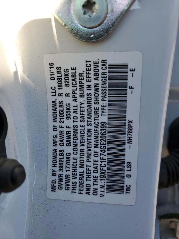 2016 Honda Civic VIN 19XFC1F74GE206399 Copart auction photo, front end / minor dent/scratches damage thumbnail 14