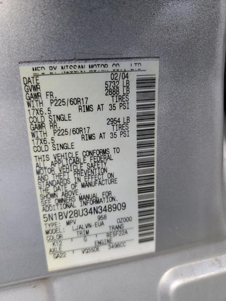 2004 Nissan Quest VIN 5N1BV28U34N348909 Copart auction photo, all over damage thumbnail 15