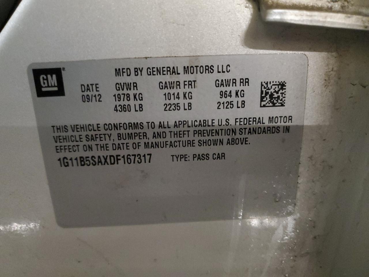 2013 Chevrolet Malibu VIN 1G11B5SAXDF167317 Copart auction photo, front end damage thumbnail 12