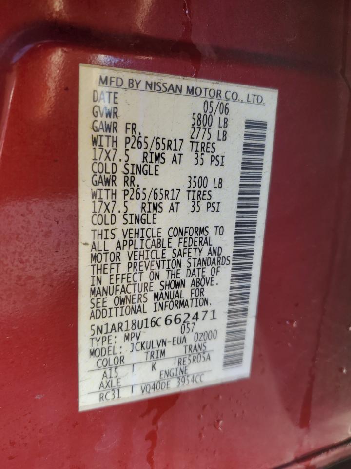 2006 Nissan Pathfinder VIN 5N1AR18U16C662471 Copart auction photo, front end / minor dent/scratches damage thumbnail 13