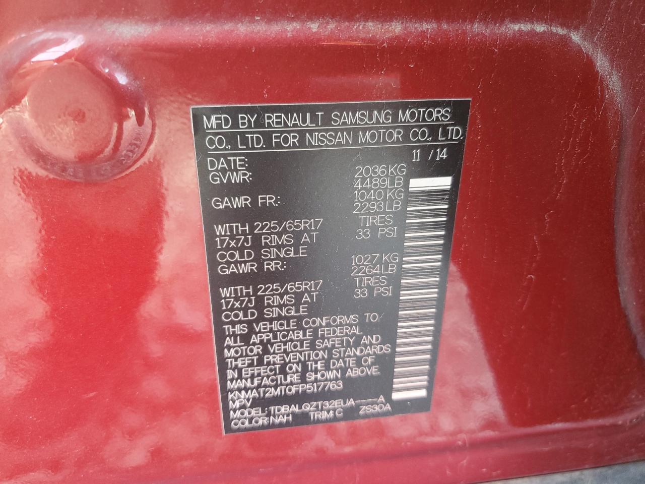 2015 Nissan Rogue VIN KNMAT2MT0FP517763 Copart auction photo, front end damage thumbnail 13