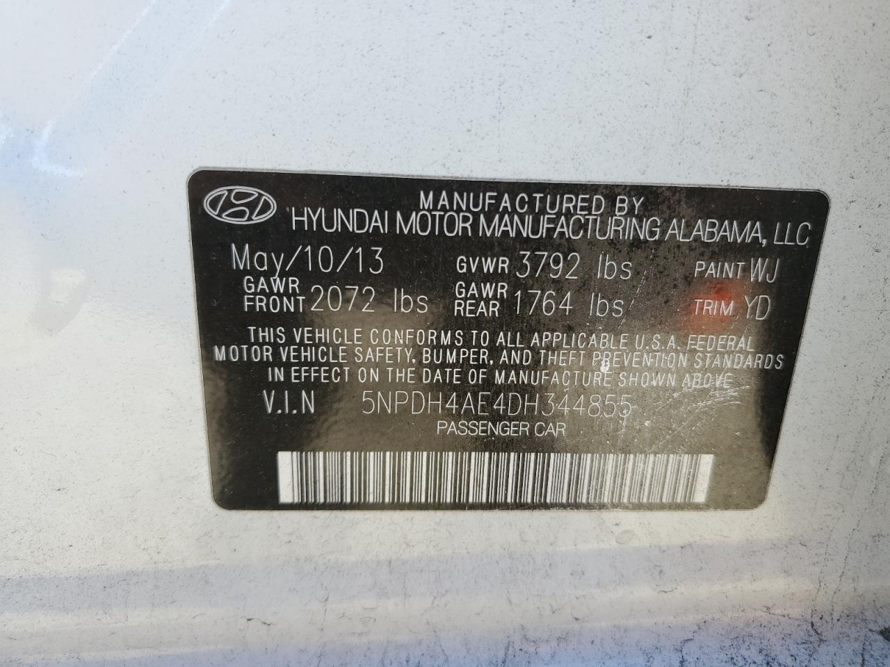 2013 Hyundai Elantra VIN 5NPDH4AE4DH344855 Copart auction photo, vandalism / minor dent/scratches damage thumbnail 12