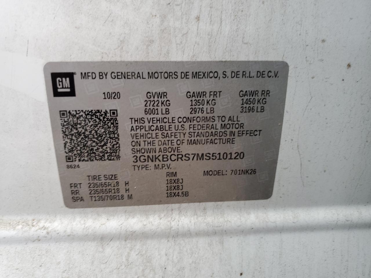 2021 Chevrolet Blazer VIN 3GNKBCRS7MS510120 Copart auction photo, front end / minor dent/scratches damage thumbnail 14