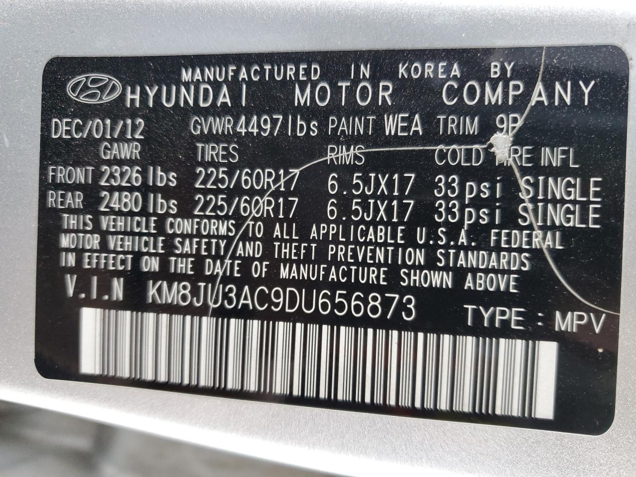 2013 Hyundai Tucson VIN KM8JU3AC9DU656873 Copart auction photo, undercarriage damage thumbnail 12