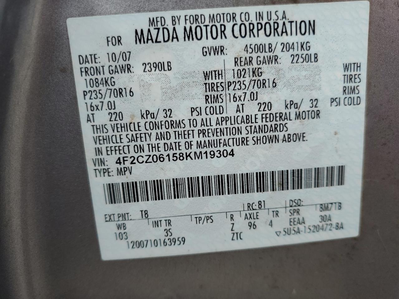 2008 Mazda Tribute VIN 4F2CZ06158KM19304 Copart auction photo, front end / side damage thumbnail 13