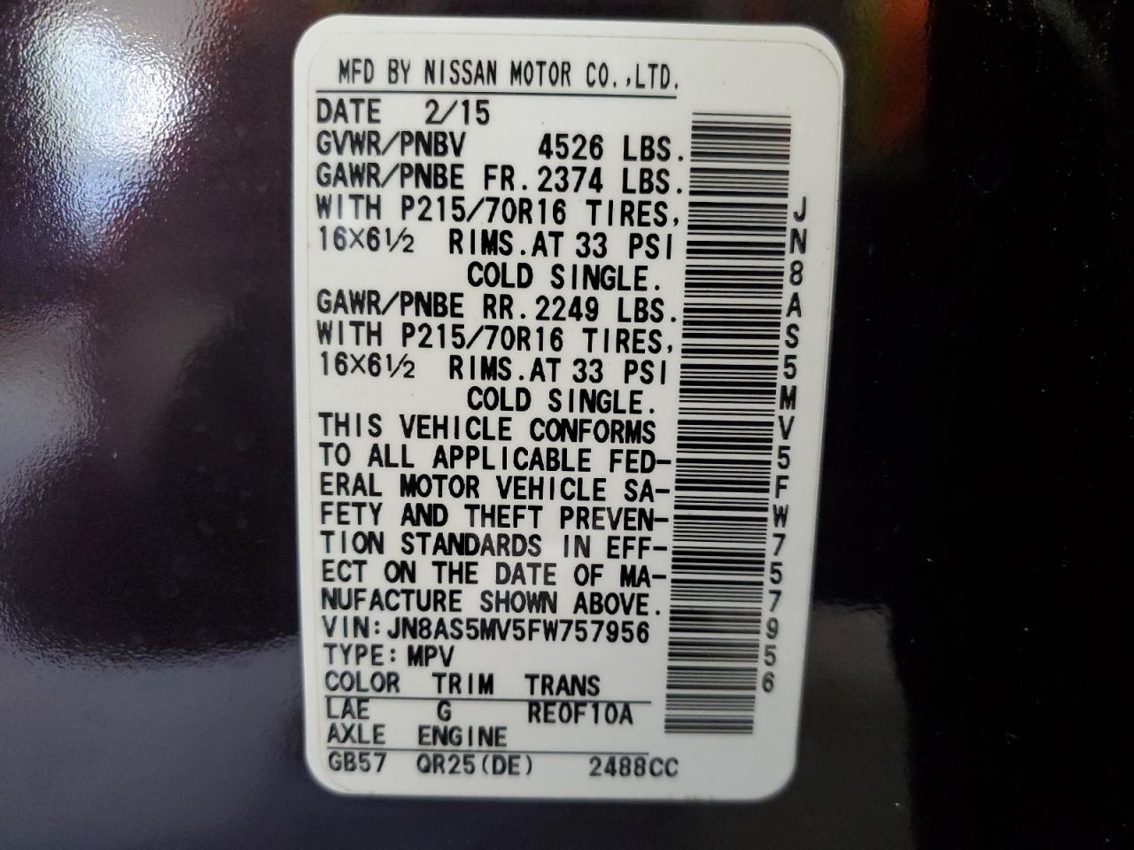 2015 Nissan Rogue VIN JN8AS5MV5FW757956 Copart auction photo, front end / side damage thumbnail 15