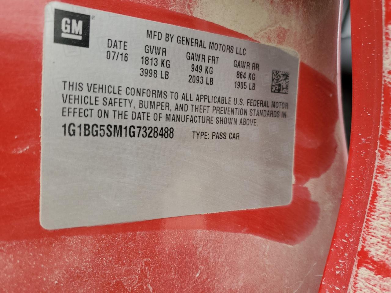 2016 Chevrolet Cruze VIN 1G1BG5SM1G7328488 Copart auction photo, front end damage thumbnail 14