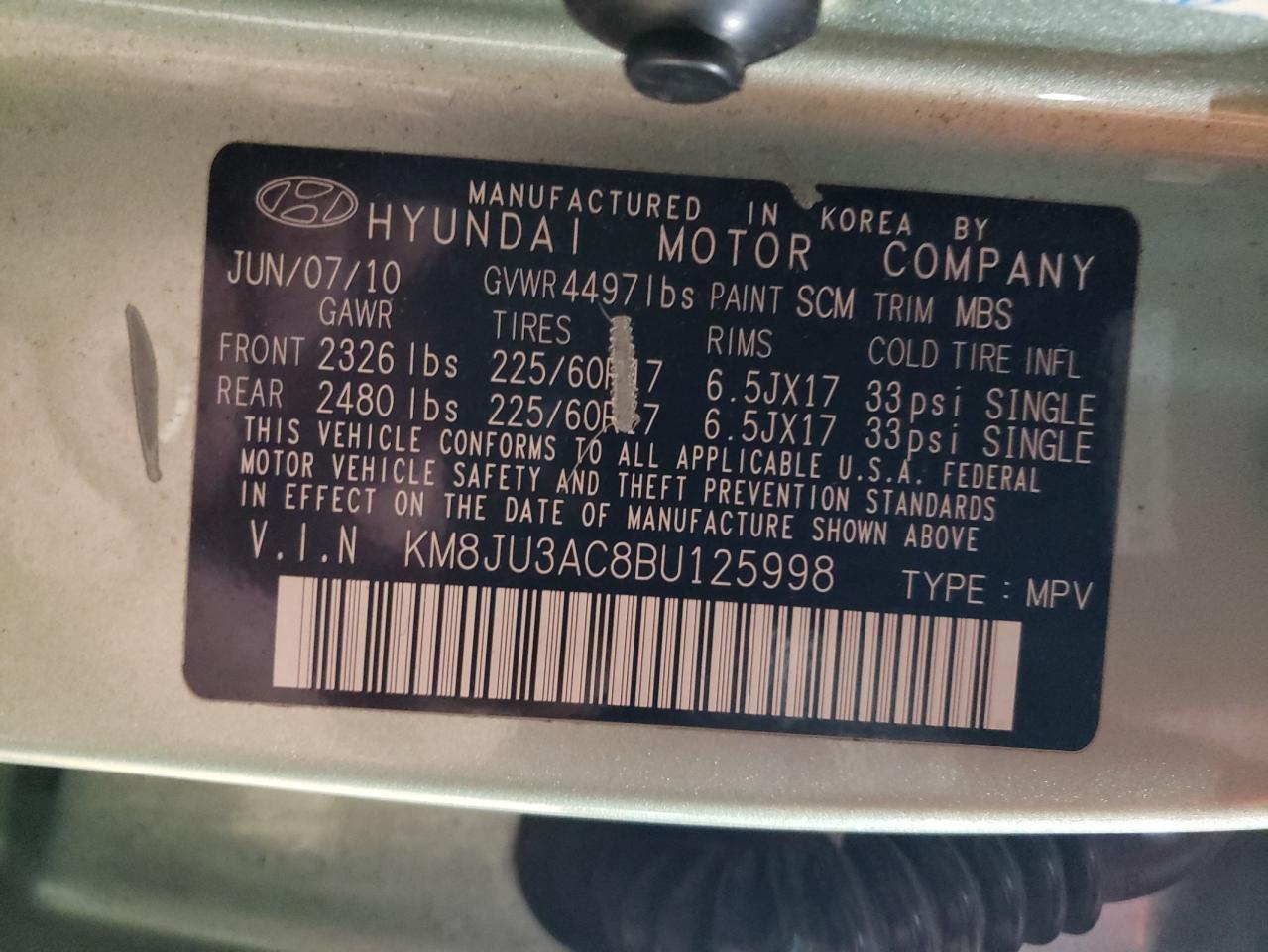 2011 Hyundai Tucson VIN KM8JU3AC8BU125998 Copart auction photo, front end / side damage thumbnail 15