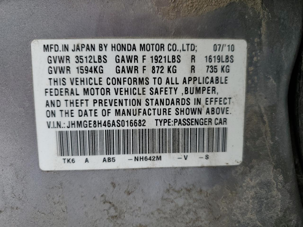 2010 Honda Fit VIN JHMGE8H46AS016682 Copart auction photo, rear end damage thumbnail 12