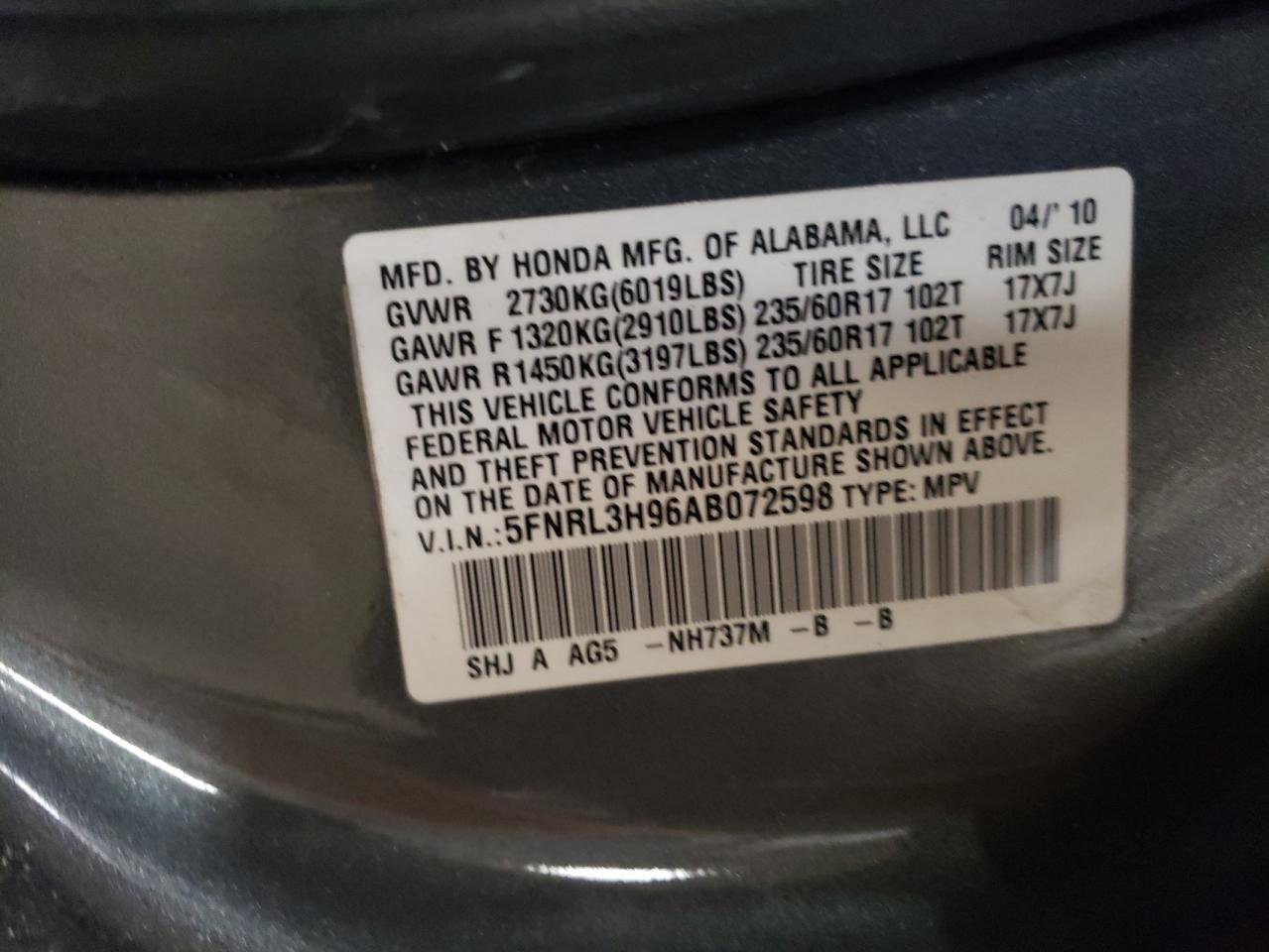 2010 Honda Odyssey VIN 5FNRL3H96AB072598 Copart auction photo, mechanical damage thumbnail 13