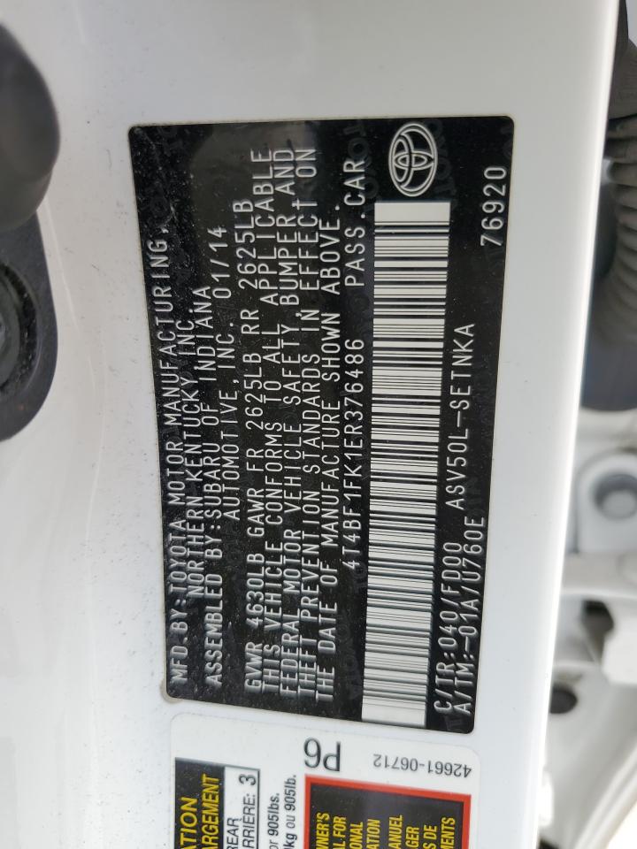 2014 Toyota Camry VIN 4T4BF1FK1ER376486 Copart auction photo, rear end damage thumbnail 12