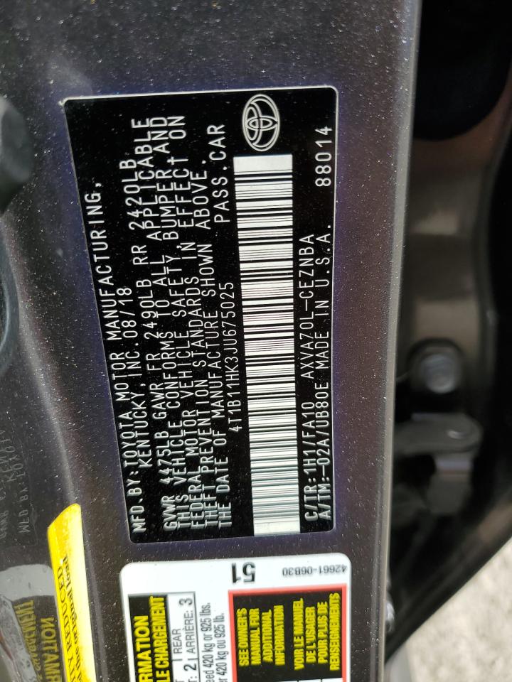 2018 Toyota Camry VIN 4T1B11HK3JU675025 Copart auction photo, rear end / front end damage thumbnail 13