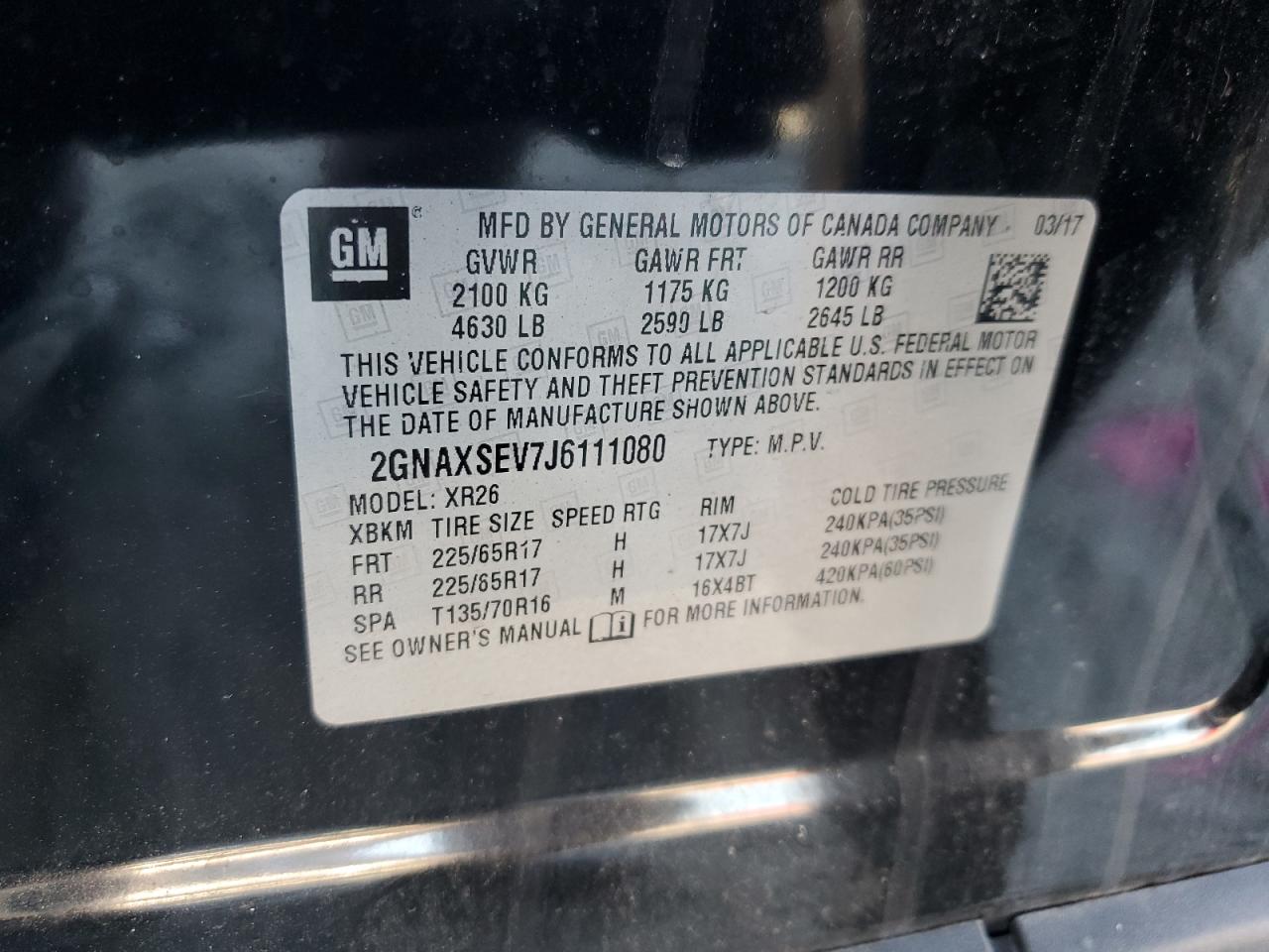 2018 Chevrolet Equinox VIN 2GNAXSEV7J6111080 Copart auction photo, rollover damage thumbnail 13