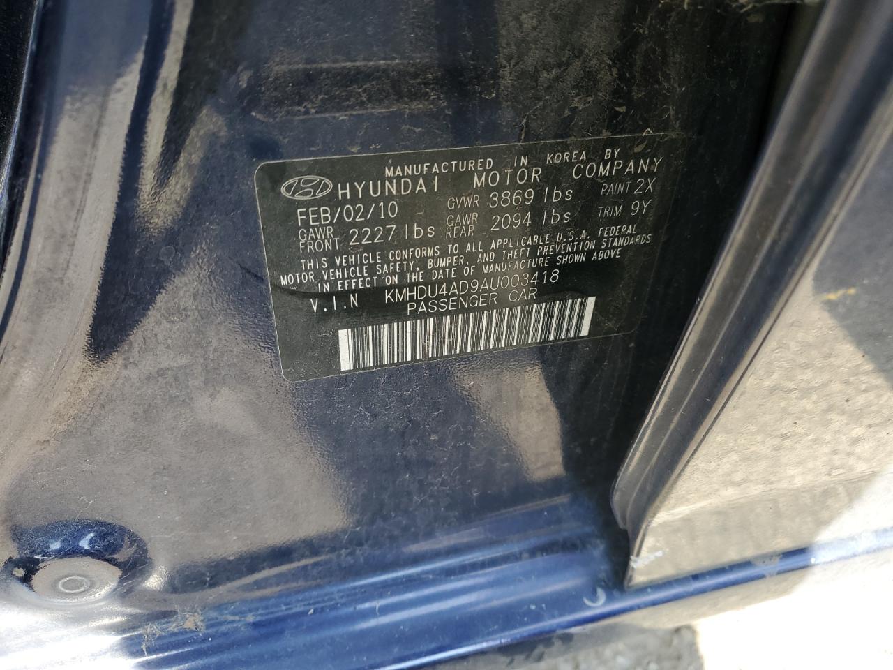 2010 Hyundai Elantra VIN KMHDU4AD9AU003418 Copart auction photo, front end / side damage thumbnail 13