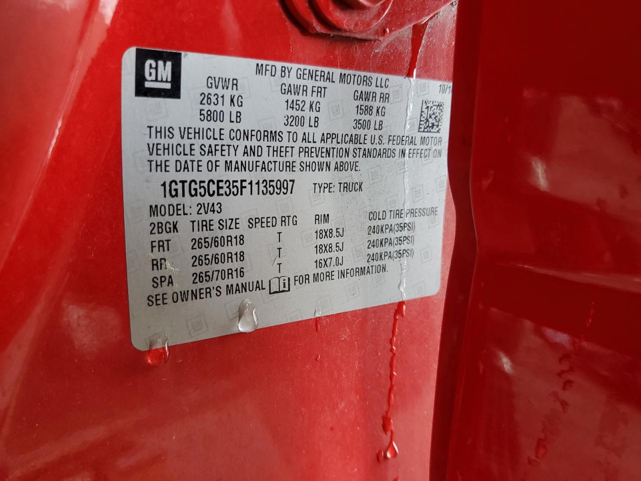 2015 GMC Canyon VIN 1GTG5CE35F1135997 Copart auction photo, front end damage thumbnail 14