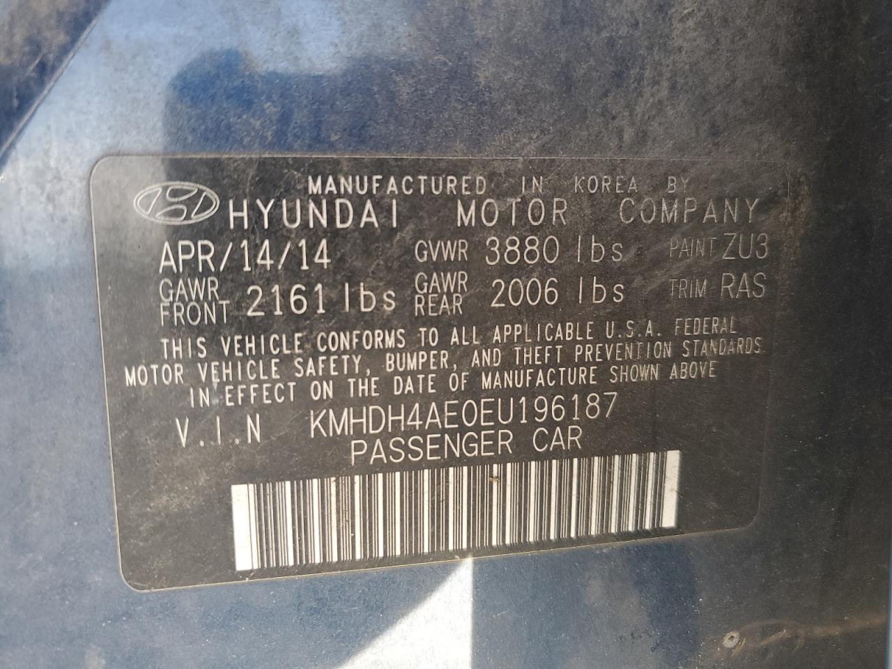 2014 Hyundai Elantra VIN KMHDH4AE0EU196187 Copart auction photo, front end damage thumbnail 13