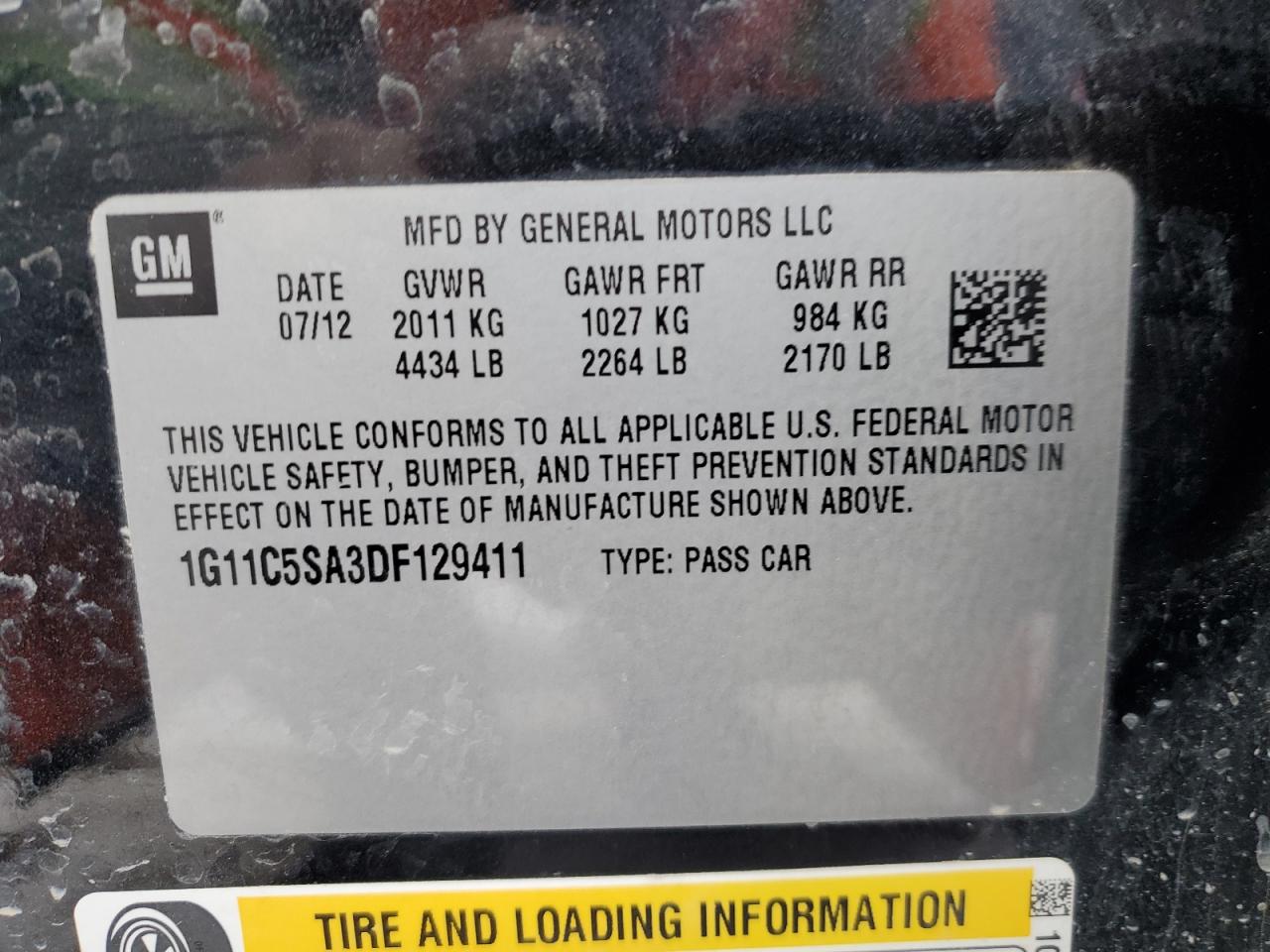 2013 Chevrolet Malibu VIN 1G11C5SA3DF129411 Copart auction photo, front end damage thumbnail 13