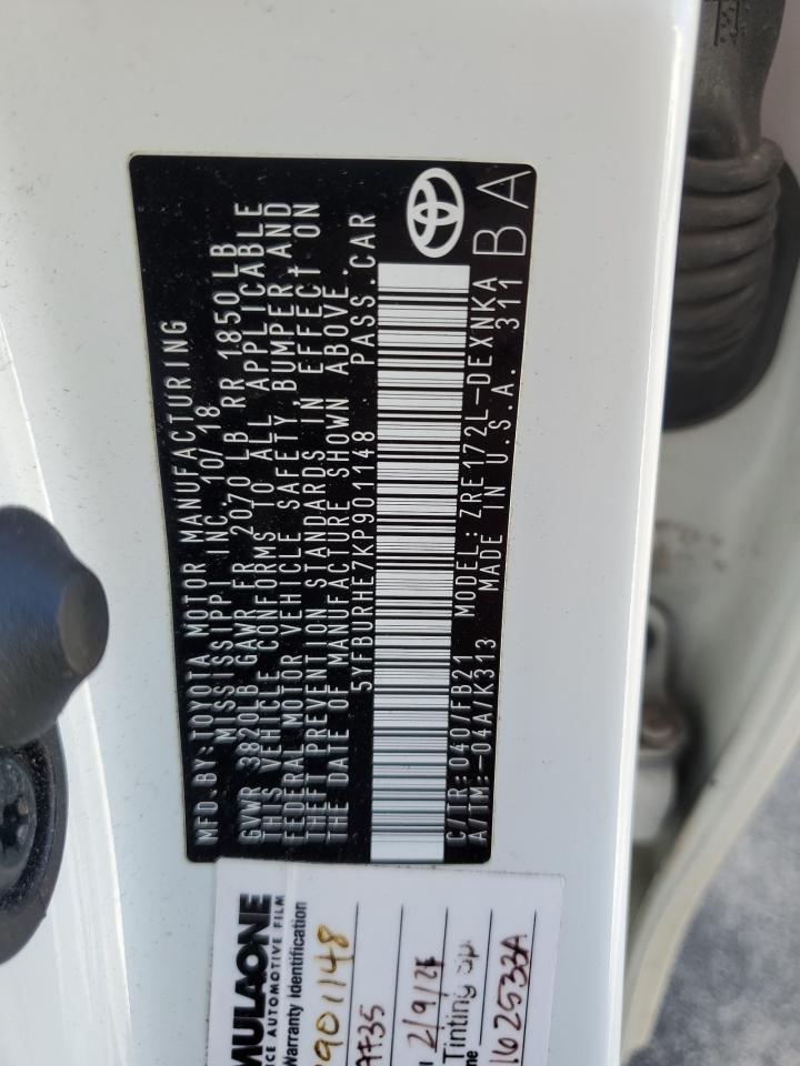 2019 Toyota Corolla VIN 5YFBURHE7KP901148 Copart auction photo, front end / rear end damage thumbnail 12