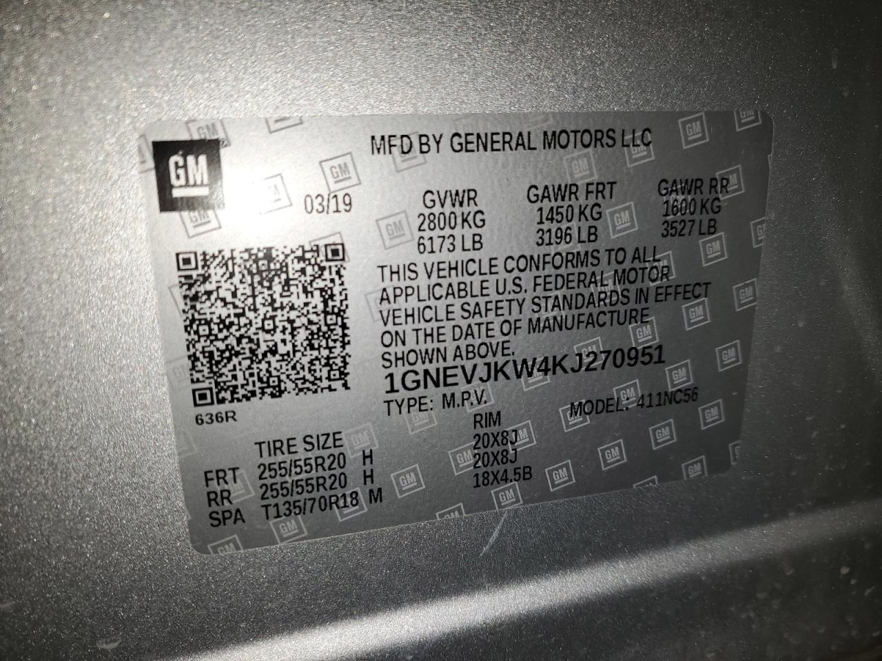 2019 Chevrolet Traverse VIN 1GNEVJKW4KJ270951 Copart auction photo, all over damage thumbnail 12