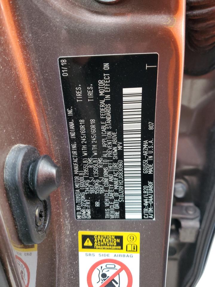 2018 Toyota Highlander VIN 5TDJZRFH2JS830960 Copart auction photo, front end damage thumbnail 12