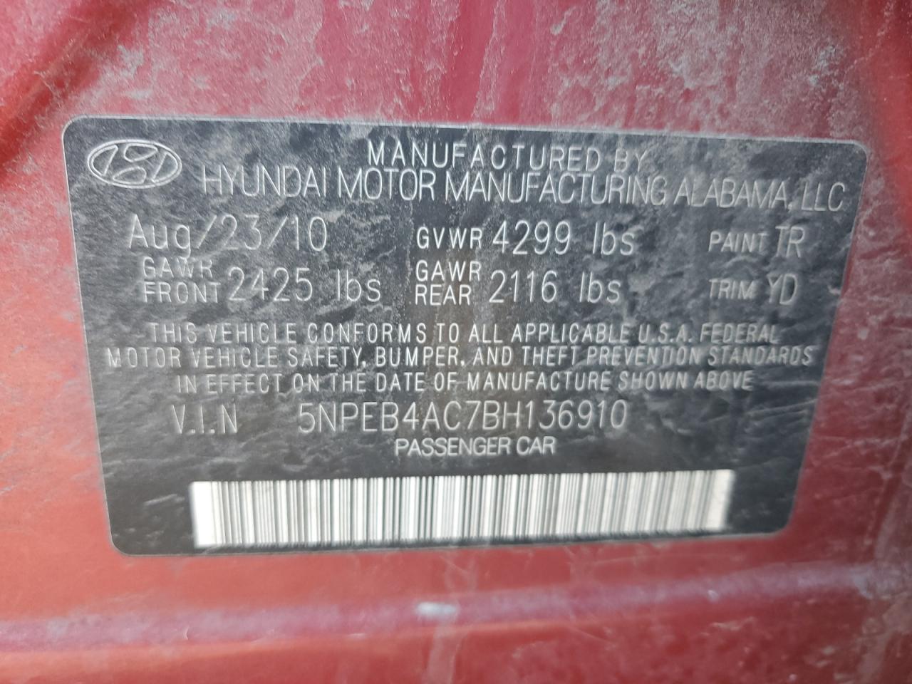 2011 Hyundai Sonata VIN 5NPEB4AC7BH136910 Copart auction photo, front end / rear end damage thumbnail 13