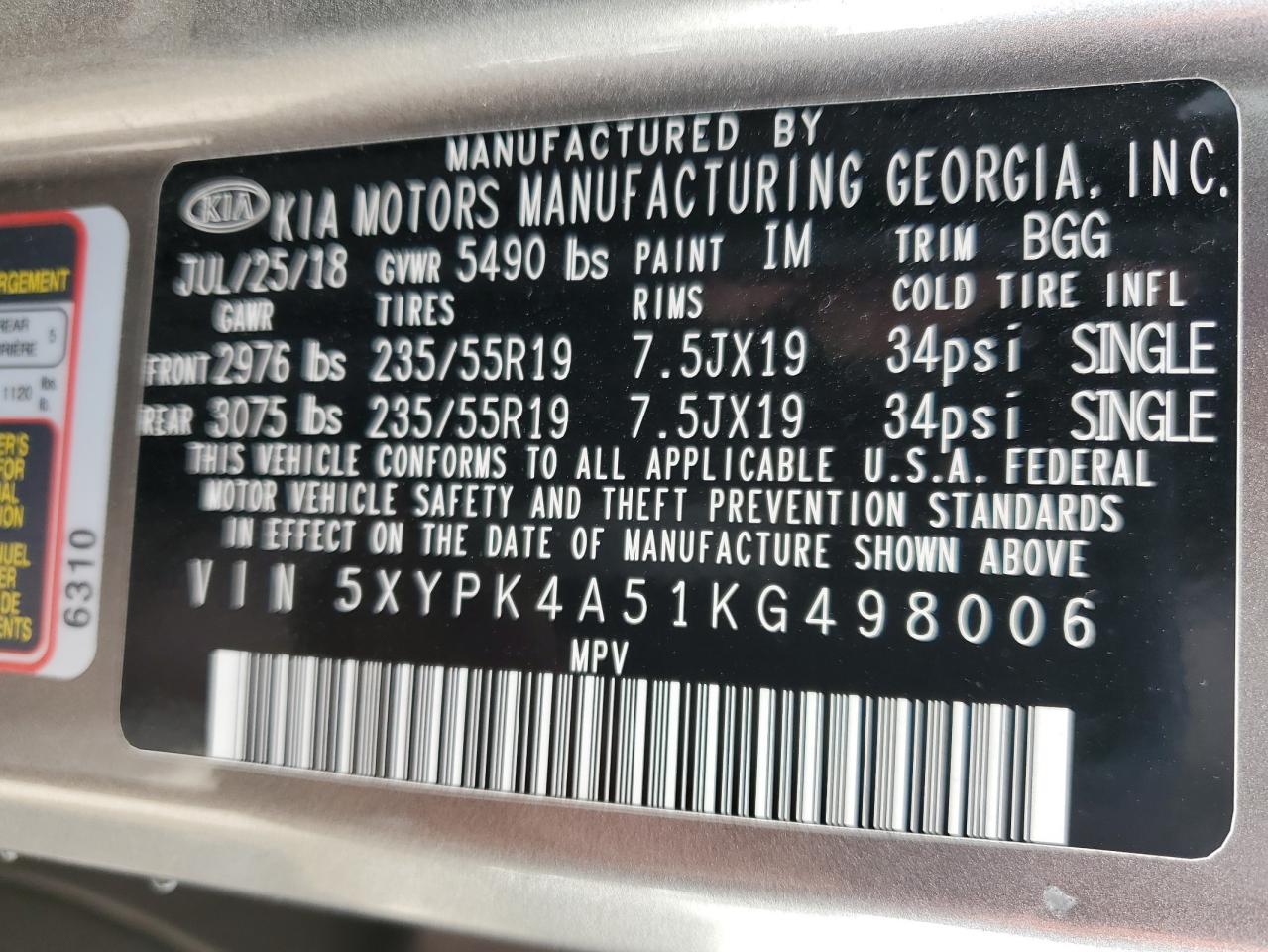 2019 KIA Sorento VIN 5XYPK4A51KG498006 Copart auction photo, front end damage thumbnail 13
