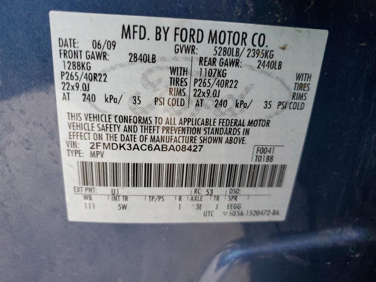 2010 Ford Edge VIN 2FMDK3AC6ABA08427 Copart auction photo, all over / mechanical damage thumbnail 13