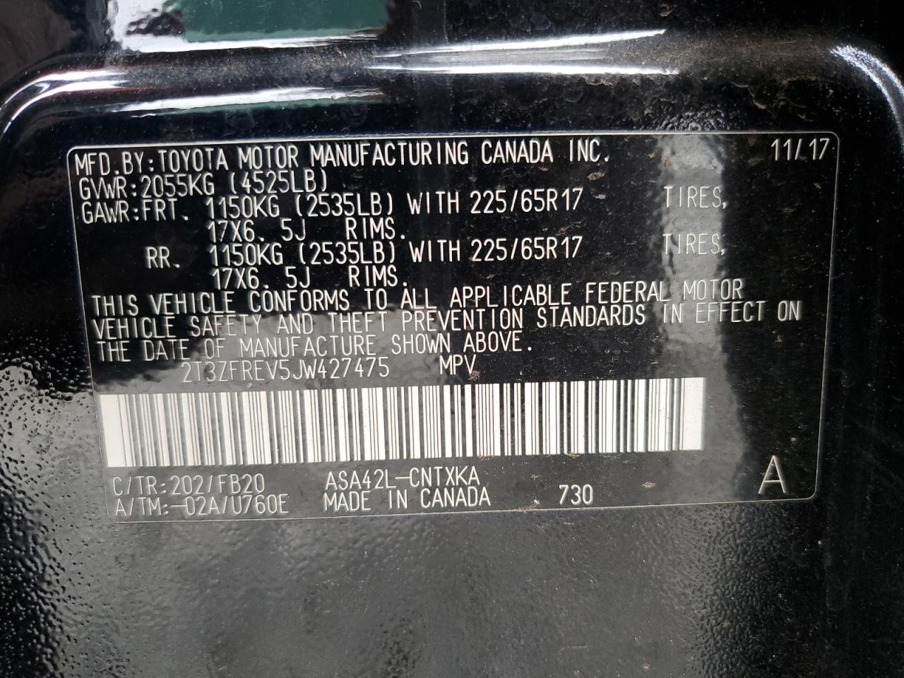 2018 Toyota RAV 4 VIN 2T3ZFREV5JW427475 Copart auction photo, top/roof / minor dent/scratches damage thumbnail 13