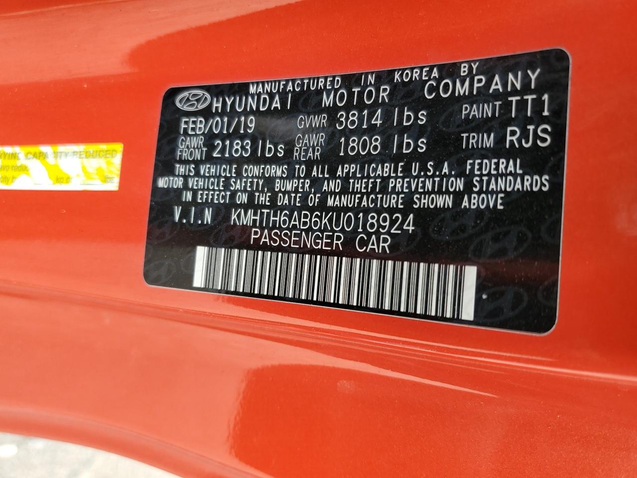 2019 Hyundai Veloster VIN KMHTH6AB6KU018924 Copart auction photo, rear end / minor dent/scratches damage thumbnail 13