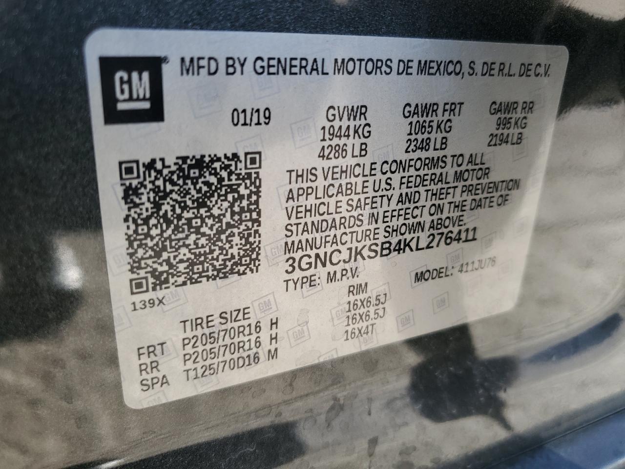 2019 Chevrolet Trax VIN 3GNCJKSB4KL276411 Copart auction photo, front end damage thumbnail 13
