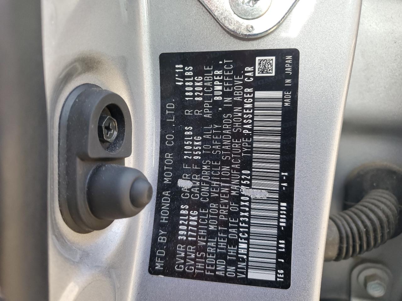 2018 Honda Civic VIN JHMFC1F3XJX017520 Copart auction photo, front end damage thumbnail 14