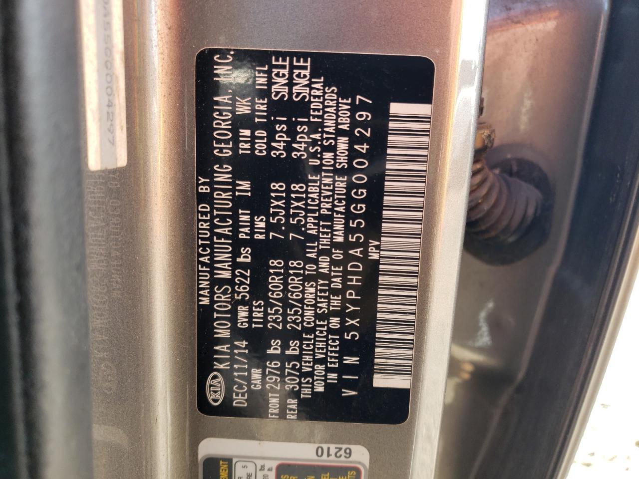 2016 KIA Sorento VIN 5XYPHDA55GG004297 Copart auction photo, front end / side damage thumbnail 15