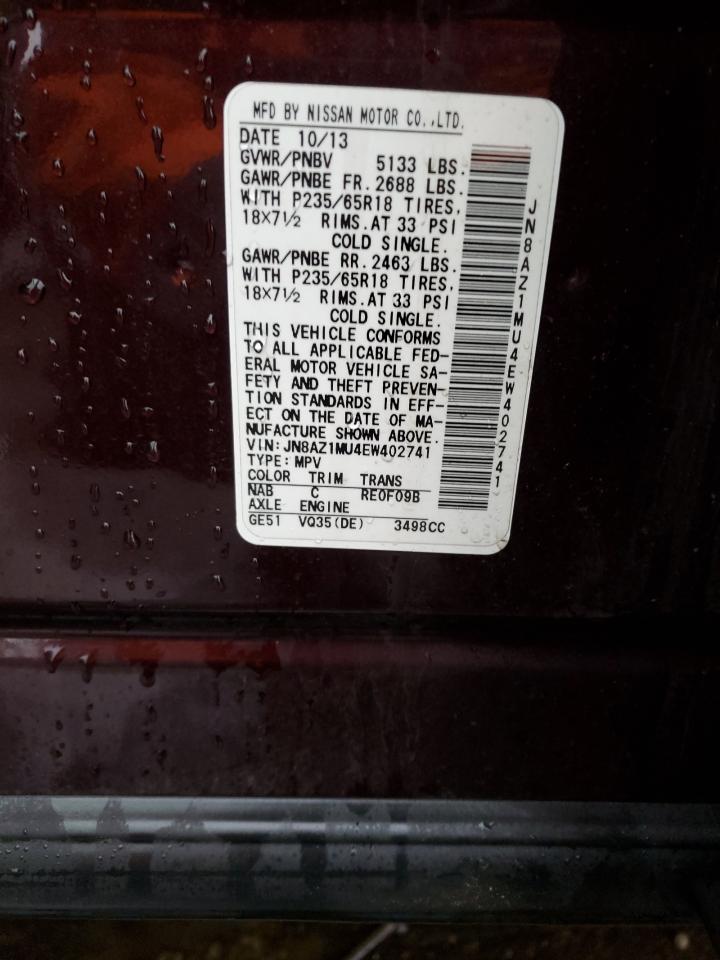 2014 Nissan Murano VIN JN8AZ1MU4EW402741 Copart auction photo, all over / undercarriage damage thumbnail 14