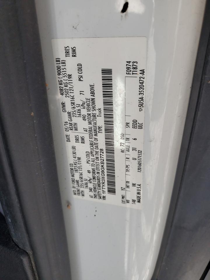 2016 Ford Transit VIN 1FTYR3XG9GKB27728 Copart auction photo, top/roof damage thumbnail 10