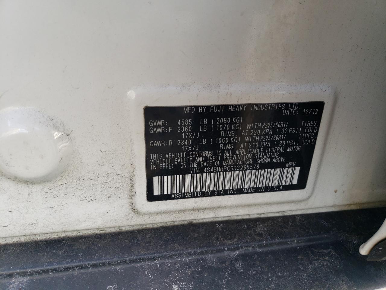 2013 Subaru Outback VIN 4S4BRBPC6D3265578 Copart auction photo, front end / minor dent/scratches damage thumbnail 13