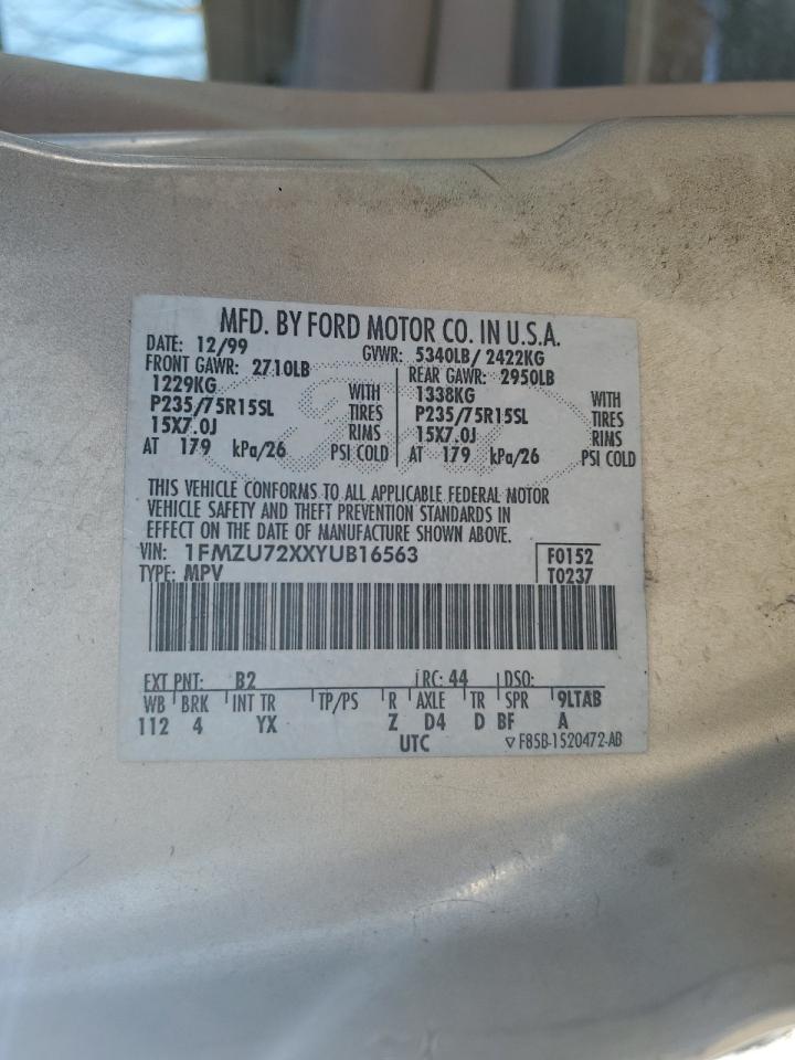 2000 Ford Explorer VIN 1FMZU72XXYUB16563 Copart auction photo, side / minor dent/scratches damage thumbnail 15