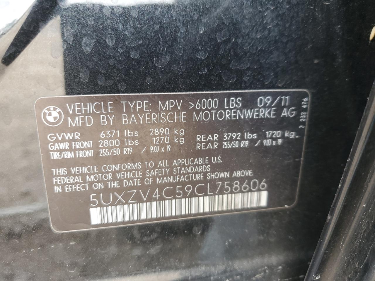 2012 BMW X5 VIN 5UXZV4C59CL758606 Copart auction photo, front end damage thumbnail 12