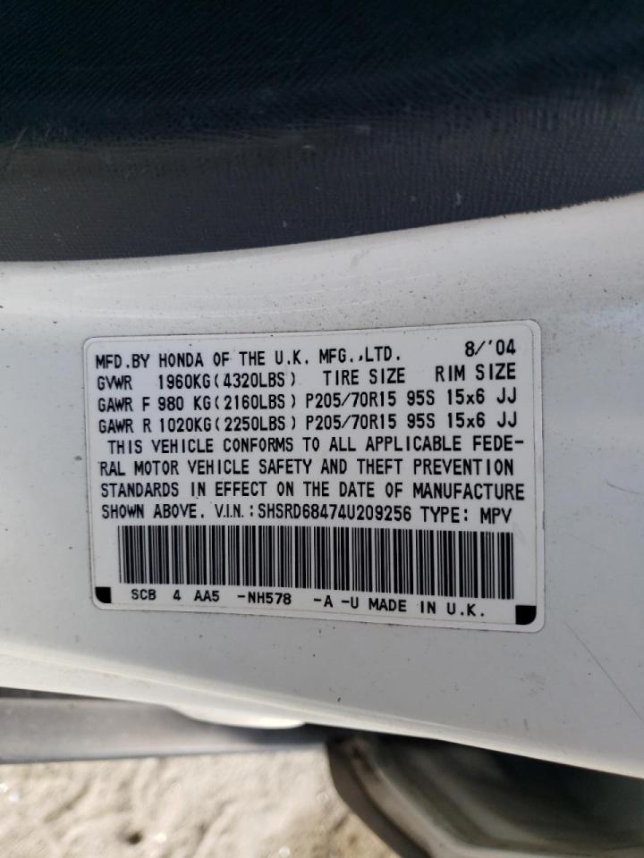 2004 Honda CR-V VIN SHSRD68474U209256 Copart auction photo, front end damage thumbnail 13