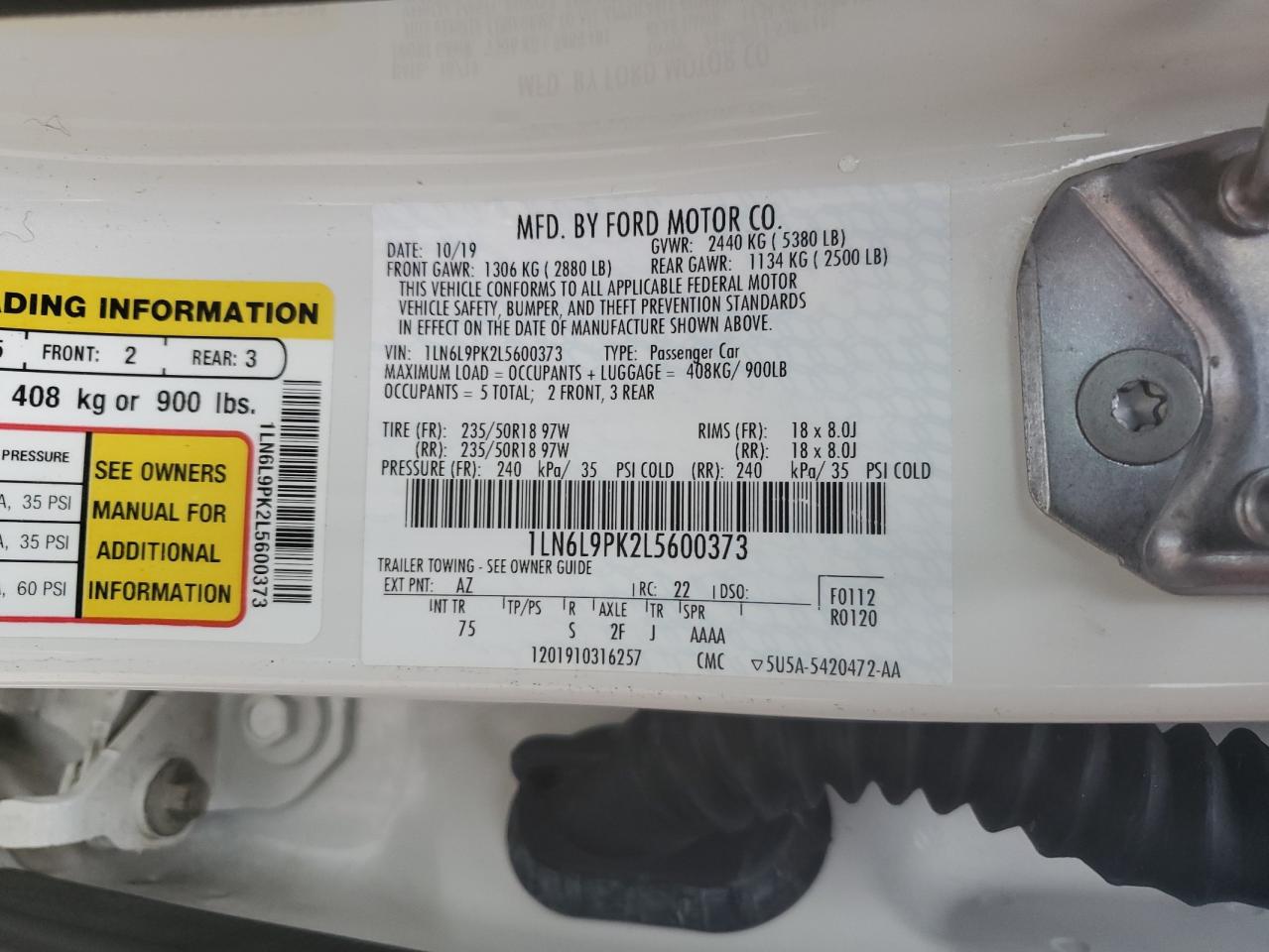 2020 Lincoln Continental VIN 1LN6L9PK2L5600373 Copart auction photo, front end damage thumbnail 12